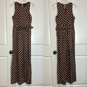MNG Mango Brown Ivory Polka Dot Sleeveless Belted Linen Blend Jumpsuit S
